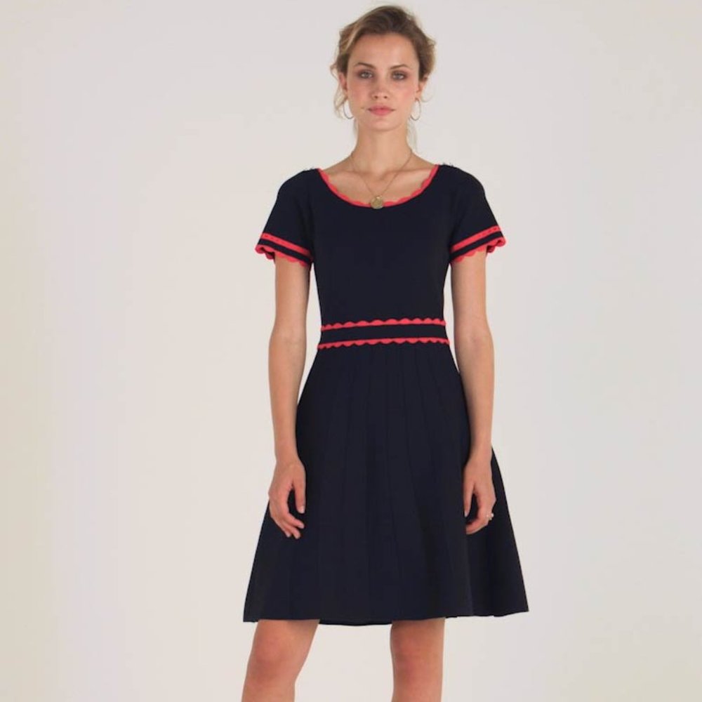 NEW Sandro Enrick Contrast-Trim Pleated Knit Fit & Flare Dress 38 S